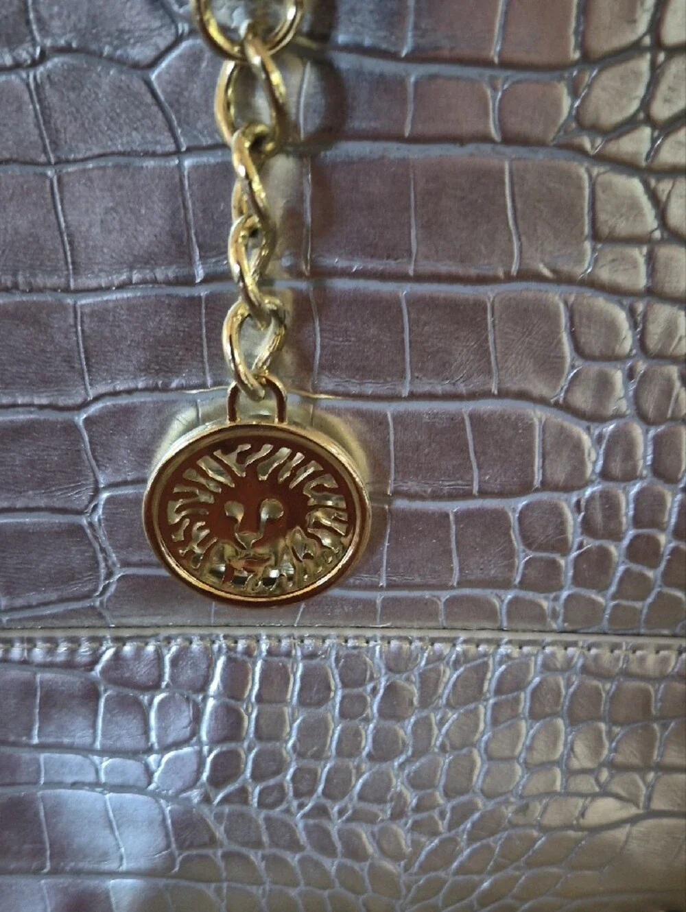 Anne Klein Metallic Silver Croc-Embossed Tote with Gold Accents
